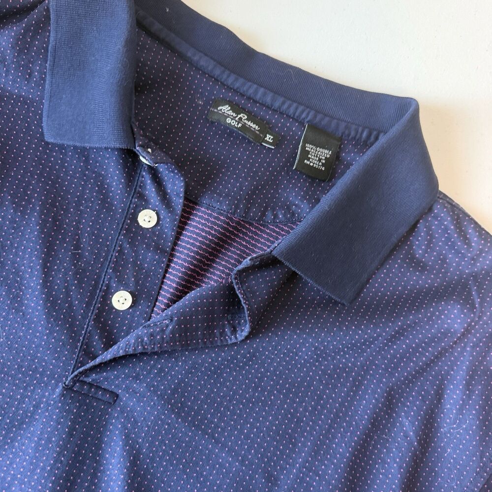 Alan Flusser Golf Shirt Mens XL Navy Blue Pink Polka Dot Mercerized Cotton Polo